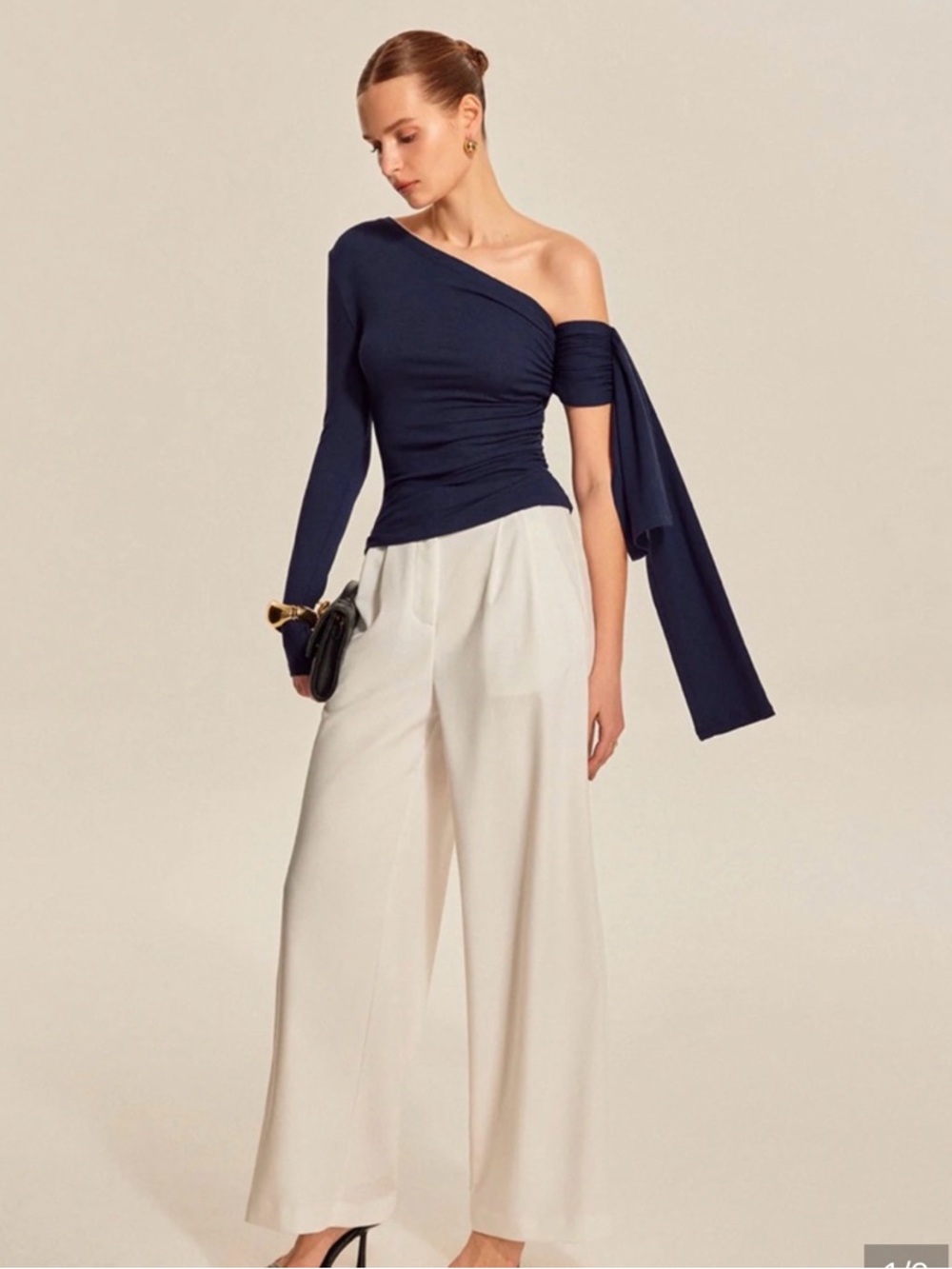 Commense Asymmetric One-Shoulder Black Top with Draped Sleeve new with tags XS - Picture 2 of 3